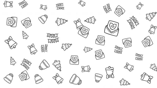 Doodle christmas pattern on 4k animated. Looping animation featured lineal icon of christmas hat, tree, mail of loving and other. Winter holiday background or video presentation