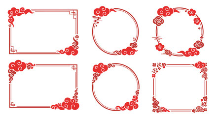 Elegant red decorative borders and frames with traditional Asian cloud motifs perfect for festive invitations and cultural designs