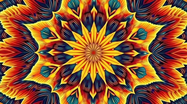 Vibrant abstract mandala pattern with fiery colors and intricate details