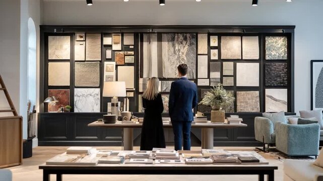 Interior Design Selection: Two figures stand before an exquisite display of interior design elements, pondering the perfect choices for their space.