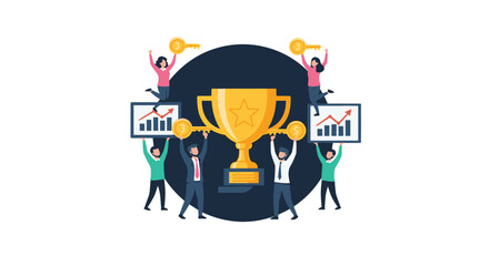 Celebrate business victory with a golden trophy, keys to success, and rising charts, showcasing team achievements and financial growth