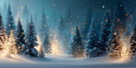 Winter landscape featuring snow-covered evergreen trees illuminated by soft lights, creating a serene and magical atmosphere in a snowy forest setting with copy space