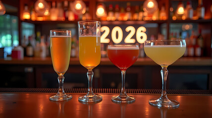 Sparkling champagne and mocktail glasses on bar counter with neon 2026 reflection