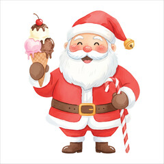 Watercolor Santa Claus Eating Ice Cream Vector Illustration, Cute Summer Christmas Character
