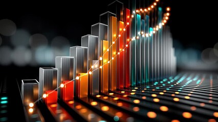Metallic bar graph rising across dark circuit board, connecting glowing nodes with illuminating vertical lines, symbolizing financial growth and digital innovation - Powered by Adobe