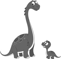 Two cartoon dinosaurs are depicted against a plain white background. The larger dinosaur, a Brachiosaurus, is positioned on the left side, facing slightly towards the right. It is drawn in a simple, m