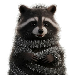 Obraz premium Festive Raccoon Portrait with Silver Tinsel on Transparent Background