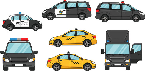 PrintPolice car and taxi vehicle illustration set, emergency transport icons, city service cars, professional automotive design clipart for projects © Creatives World