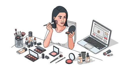 Captivating woman applying makeup while consulting laptop, surrounded by beauty products and tools, perfect for online tutorials and content creators