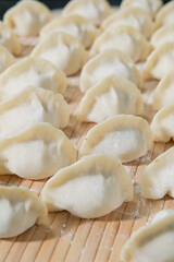 Fresh Homemade Dumplings on Bamboo Mat - Traditional Asian Cuisine Preparation