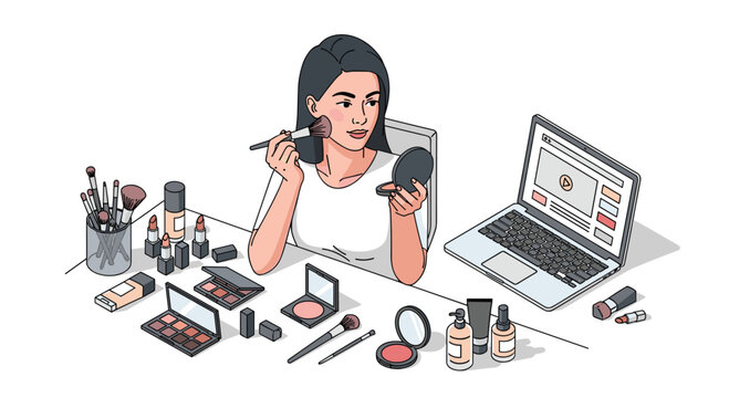 Captivating woman applying makeup while consulting laptop, surrounded by beauty products and tools, perfect for online tutorials and content creators
