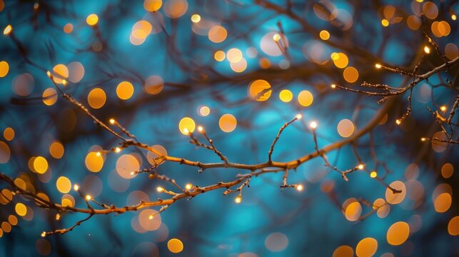 Blurred lights shining amongst tree branches background