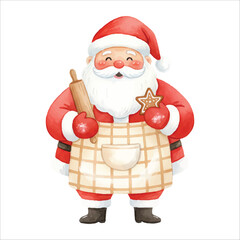 Watercolor Santa Claus Cooking Vector Illustration, Cute Christmas Chef Character
