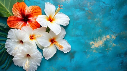 Beautiful white and orange hibiscus flowers on turquoise blue background
