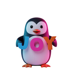 Obraz premium Cute Penguin Holding Joy Text with Neon Lighting on Black Background