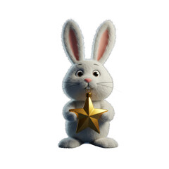 Obraz premium Fluffy White Rabbit Toy Holding Golden Star Decoration Isolated