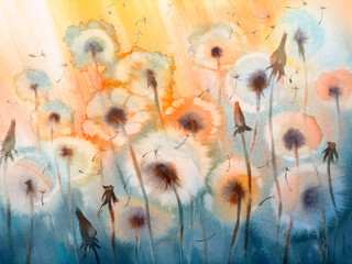 Dandelions meadow during sunset abstract watercolor background