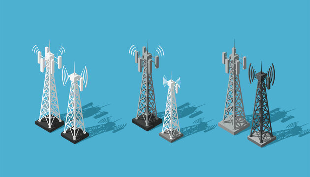 Modern cell towers transmit signals, showcasing connectivity and communication infrastructure in a clean isometric design