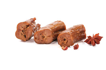 Marinated Duck Neck Slices with Special Flavor Seasoning and Star Anise on White Background
