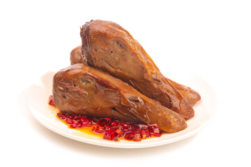 Roasted Duck Heads with Spicy Red Chili Oil Sauce Traditional Asian Cuisine Delicacy