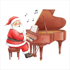 Watercolor Santa Claus Playing Piano Vector Illustration, Musical Christmas Character
