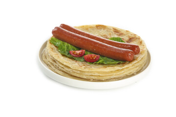 Handmade Savory Pancakes with Sausages and Fresh Vegetables on White Background