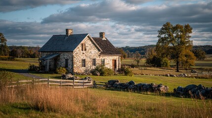 Fototapeta premium A rustic stone house sits amidst rolling green fields under a cloudy, golden sky