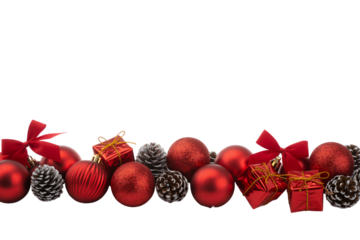 Festive christmas border with red ornaments and pine cones on transparent background
