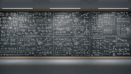 Complex mathematical formulas cover chalkboard, showcasing advanced scientific calculations, education, problem solving, and academic creativity in a classroom or lecture setting.