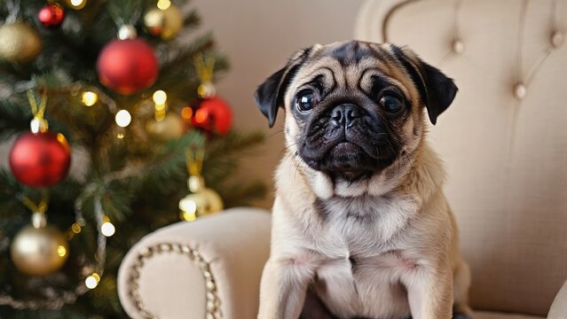 Fawn pug sitting on chair with decorated Christmas tree