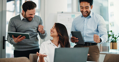 Review, happy or team in office with laptop, collaboration or investment opportunity in progress update. Success, group or analyst in agency with tech, profit or revenue growth in budget report.