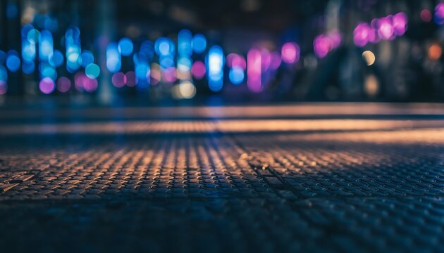 Gym floor glowing with bokeh lights, modern fitness atmosphere, colorful neon reflections, energetic mood, urban workout space, inspiring evening gym vibe.