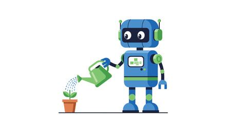 Fototapeta premium Friendly robot nurturing a small plant with a watering can, symbolizing growth and innovation in technology and business