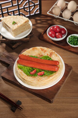 Handmade Buttered Pancakes with Sausage and Vegetables - Homemade Breakfast Recipe on Rustic Wooden Table