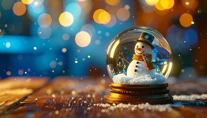 Festive Snow Globe with Charming Snowman, Bokeh Lights, and Winter Magic.
