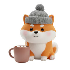 Shiba Inu Puppy with Winter Hat Holding Hot Chocolate Illustration
