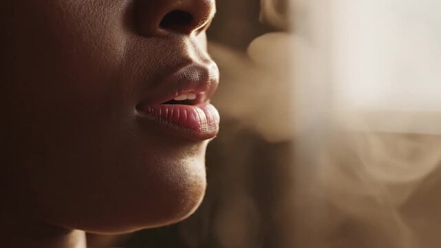 Profile close-up of an African woman's mouth and lips exhaling a cloud of visible warm vapor or smoke