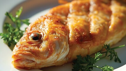 Close-up of whole cooked fish with golden skin and parsley garnish