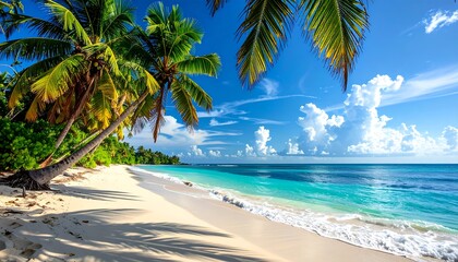 Obraz premium Pristine tropical beach with palm trees, turquoise water, and fluffy clouds