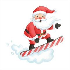 Watercolor Santa Claus Snowboarding Vector Illustration, Cool Winter Christmas Character
