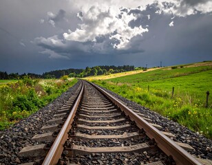 Fototapeta premium Rails stretching towards the horizon under a dramatic, cloudy sky