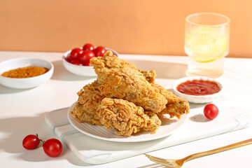 Crispy Fried Chicken Thighs with Tomatoes and Sauces on White Serving Board