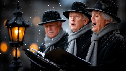 Elderly men, dressed in elegant black coats and gray scarves, joyfully sing christmas carols from a book under a gentle snowfall, illuminated by the warm glow of a street lamp - Powered by Adobe