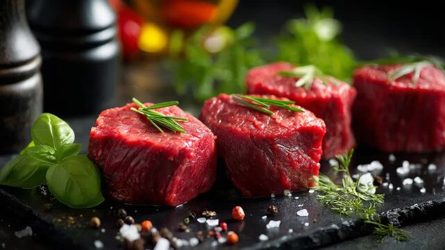 Prime beef cuts seasoned with herbs and spices, ready for grilling or cooking, ideal for culinary creations and gourmet food content