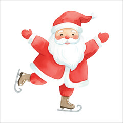 Watercolor Santa Claus Skating Vector Illustration, Fun Winter Christmas Character
