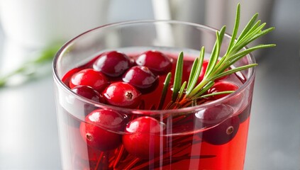 Close up of a festive cranberry cocktail with fresh rosemary garnish. Holiday winter drink in a clear glass for a Christmas party
