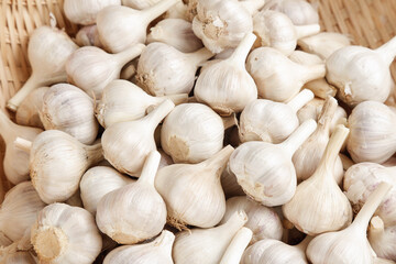 Fresh White Garlic Heads from Shandong Farmers Market in Wicker Basket Display