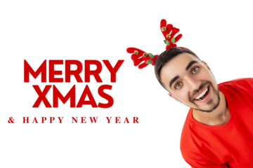 Cheerful man wearing reindeer antlers smiling, isolated, PNG