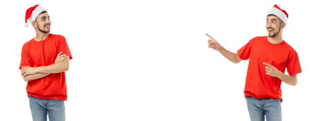 Smiling young man in red shirt and Santa hat, isolated, PNG