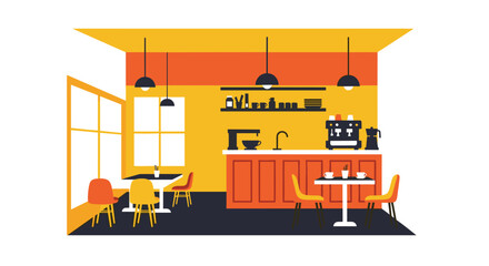 Obraz premium Vibrant modern cafe interior with colorful seating and sleek coffee station, perfect for lifestyle and business concepts